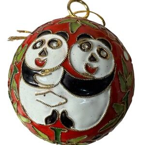 Vintage Cloisonné Christmas Ornament Red Gold Panda Round Enameled Holiday Decor